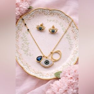 ✨ Evil Eye Necklace & Stud Earrings Set | Gold Tone | Stainless Steel